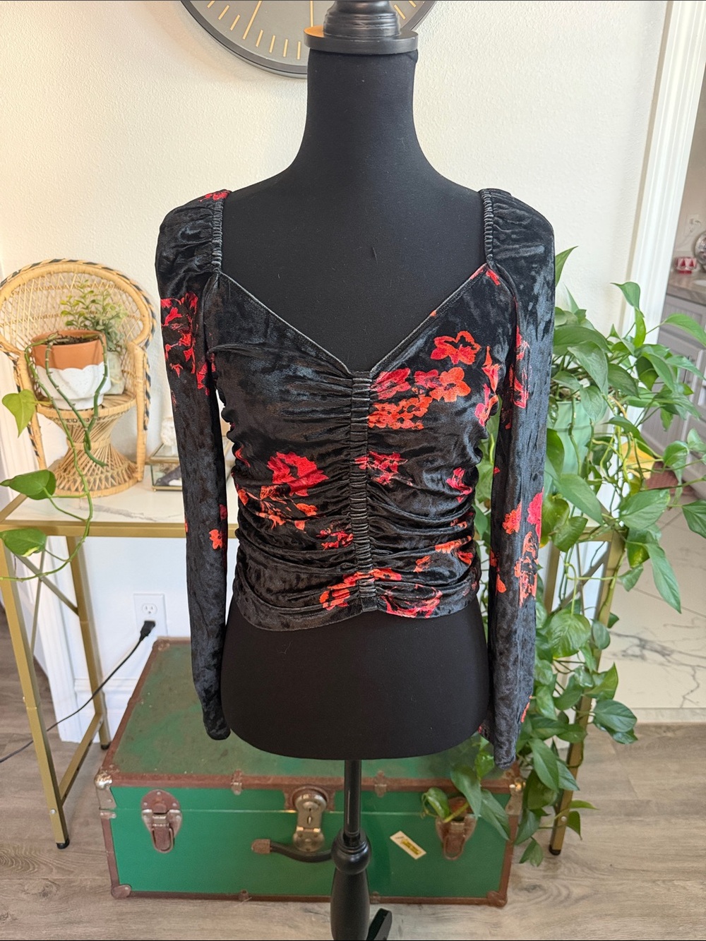 Wayf Black Velvet Ruched Long-Sleeve Top with Red Floral Print